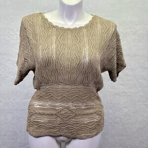 Coldwater Creek Crochet Open Knit Pullover Short Sleeve Sweater Tan Size XL 16